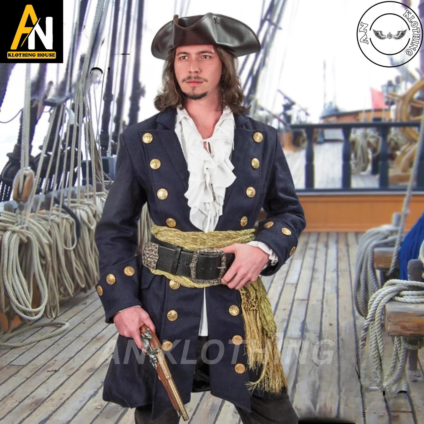 Pirate Costume - Blackbeard Pirate Coat - Buccaneer Halloween coat - Pirates of Caribbean admiral coat - New Blue Admiral Blackbeard Coat