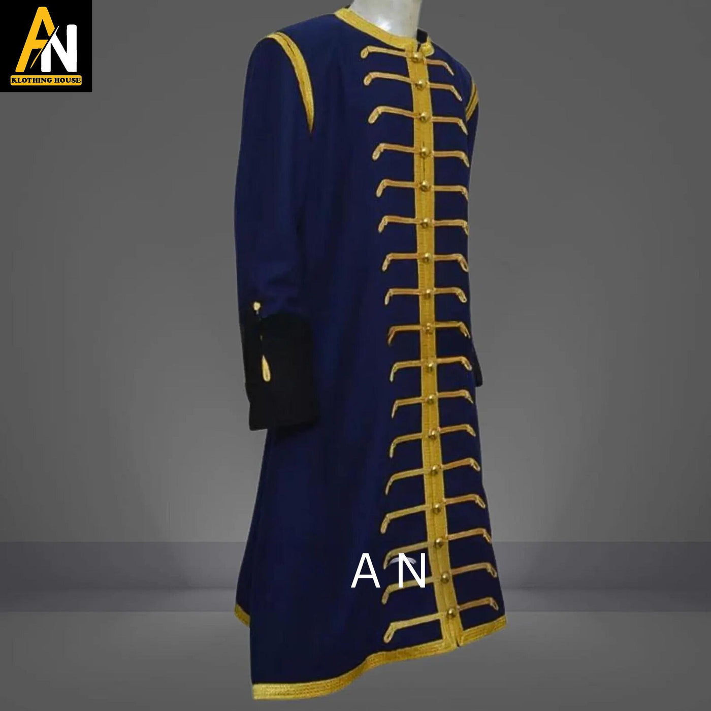 Brand New Men's Handmade Navy Blue Wool Military Jacket – Gold-Braided Long Coat, Steampunk & Punk-Inspired Formal Wedding Outerwear