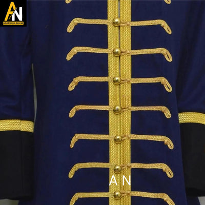 Brand New Men's Handmade Navy Blue Wool Military Jacket – Gold-Braided Long Coat, Steampunk & Punk-Inspired Formal Wedding Outerwear