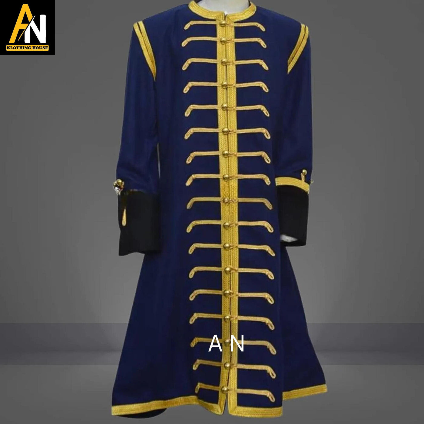 Brand New Men's Handmade Navy Blue Wool Military Jacket – Gold-Braided Long Coat, Steampunk & Punk-Inspired Formal Wedding Outerwear