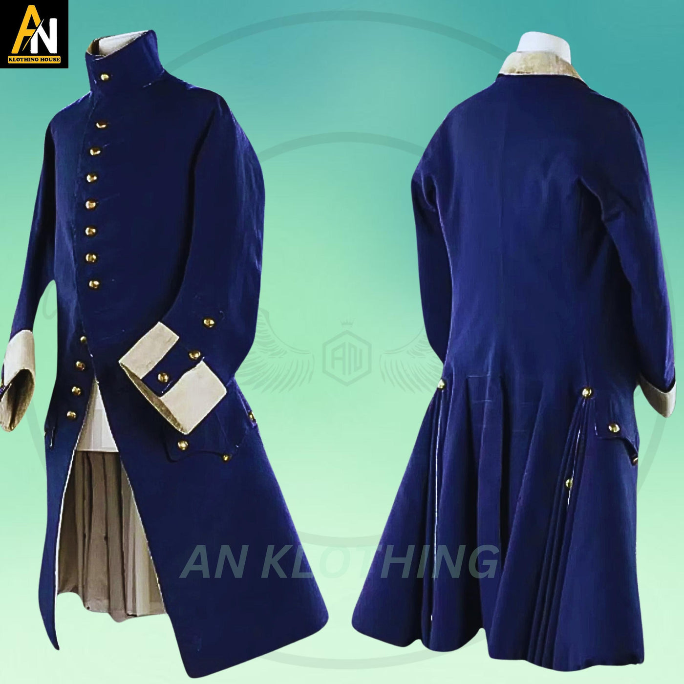 Colonial Pirate Coat - Men’s 18th Century Navy Blue Frock Coat - Naval Royal Officer - Revolutionary War Costume - Historical Reenactment