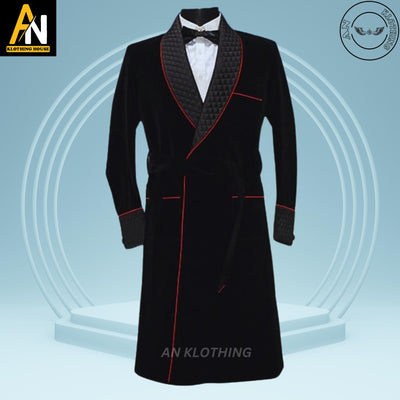 Men's Elegant Black Smoking Jacket - Long Gown - Evening Wear | Christmas Party - Long Gown Options and Velvet Variations | Long Velvet Suit