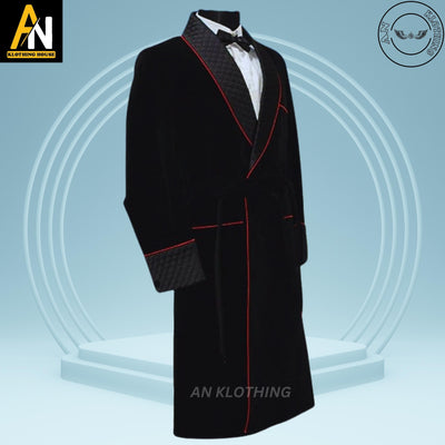 Men's Elegant Black Smoking Jacket - Long Gown - Evening Wear | Christmas Party - Long Gown Options and Velvet Variations | Long Velvet Suit