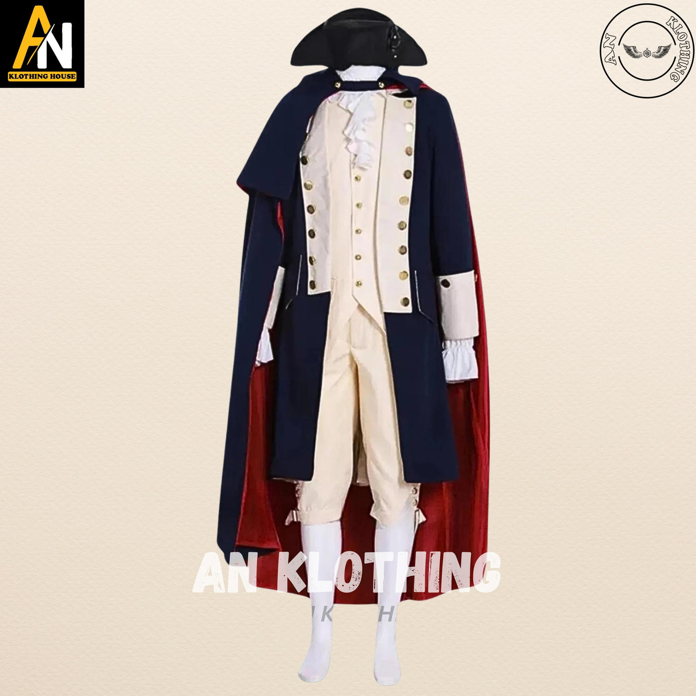 New George Washington Uniform, Navy Blue - Off White Wool Men - 1770s American Revolution War Jacket - Halloween Costume - Cosplay Costume