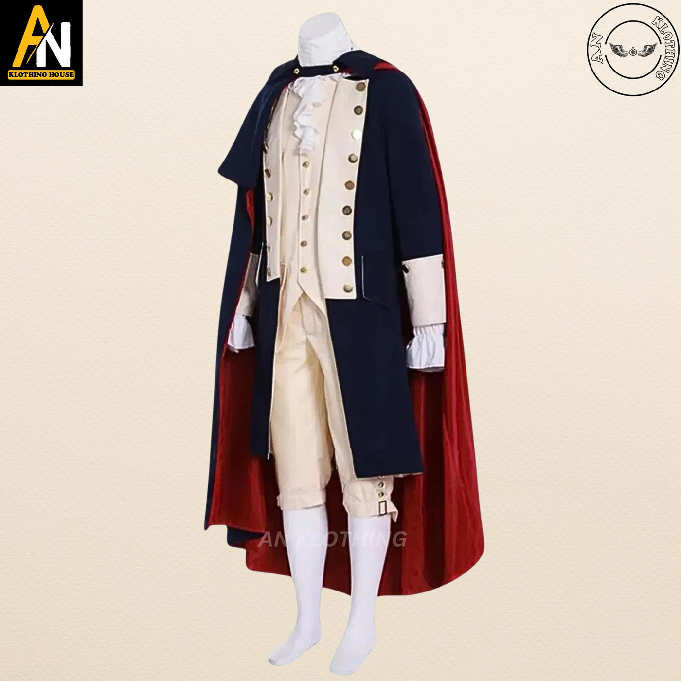 New George Washington Uniform, Navy Blue - Off White Wool Men - 1770s American Revolution War Jacket - Halloween Costume - Cosplay Costume
