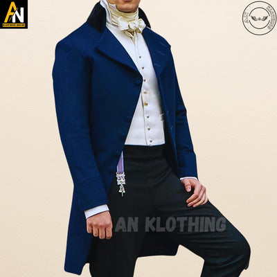 Men’s Blue Wool Coat Colin Bridgeton Regency Tailcoat - 18th Century Victorian Style, Custom Fit Wedding Regency Tailcoat