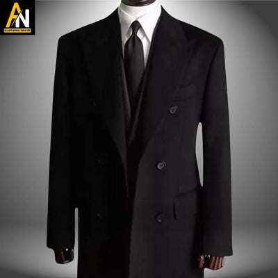 Men's Military-Style Black Wool  Greatcoat - Double-Breasted Long Winter Coat for Timeless Elegance and Sophisticated Fashion