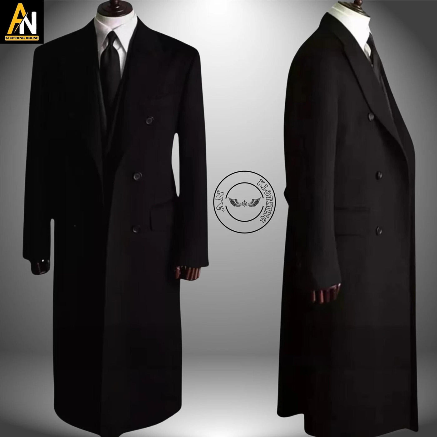 Men's Military-Style Black Wool  Greatcoat - Double-Breasted Long Winter Coat for Timeless Elegance and Sophisticated Fashion