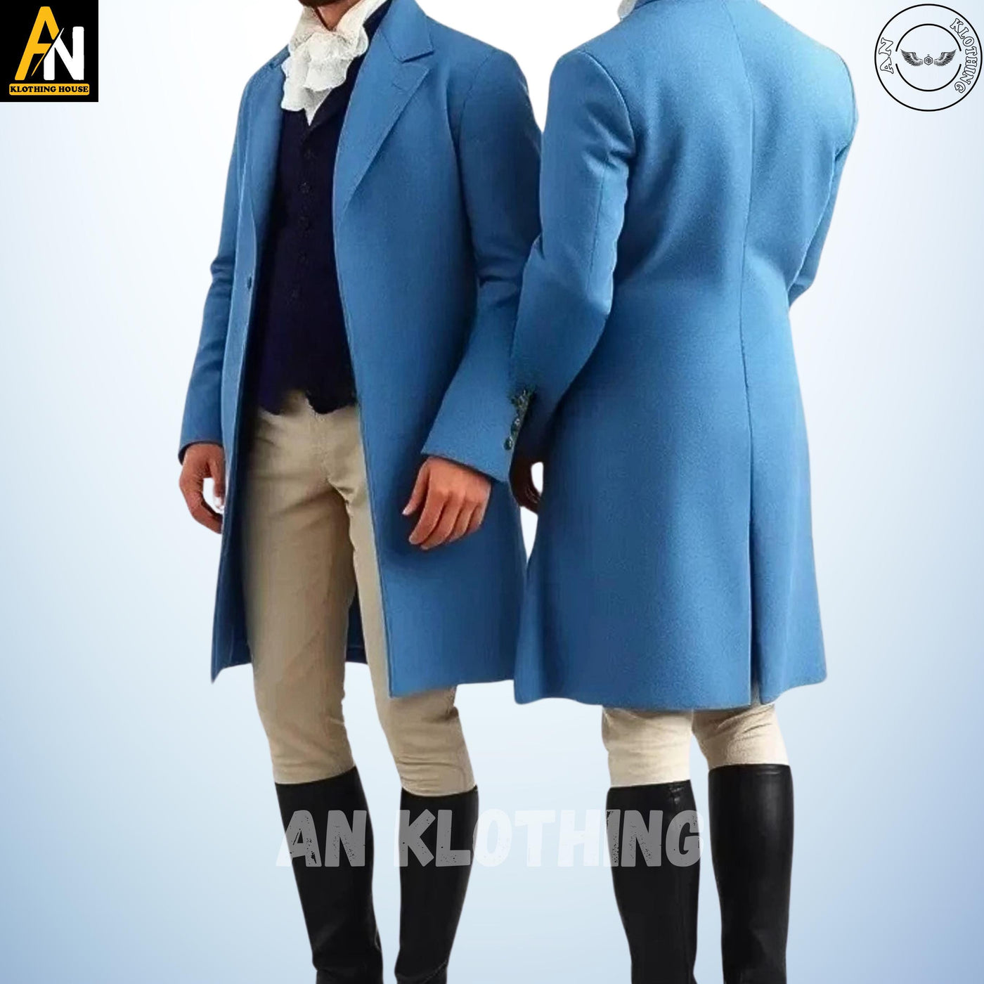 Handmade Men's Sky Blue Wool Regency Coat Complete Dress, 19th-Century Ensemble with Tailored Waistcoat, and Breeches, Men's Regency Coat