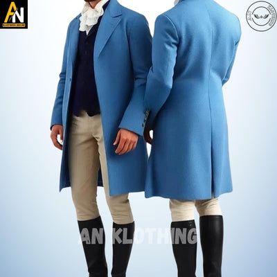 Handmade Men's Sky Blue Wool Regency Coat Complete Dress, 19th-Century Ensemble with Tailored Waistcoat, and Breeches, Men's Regency Coat