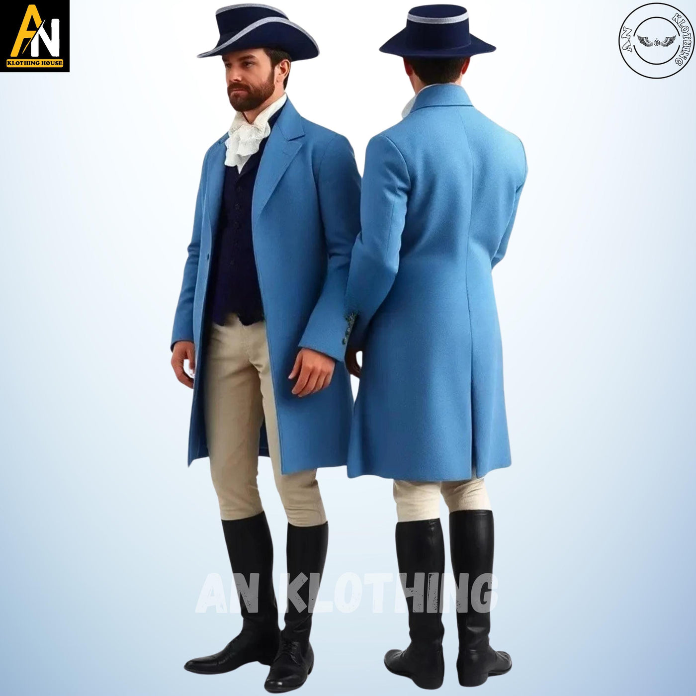 Handmade Men's Sky Blue Wool Regency Coat Complete Dress, 19th-Century Ensemble with Tailored Waistcoat, and Breeches, Men's Regency Coat