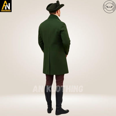 New Men’s Green Wool Regency Coat – Timeless 19th-Century Inspired Coat in Rich Forest Green for Historical Reenactments, Formal Occasions