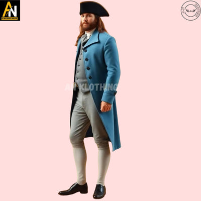 Men's Sky Blue Wool Regency Coat Complete Dress, 19th-Century Ensemble with Tailored Waistcoat, and Breeches, Men's Regency Handmade Coat