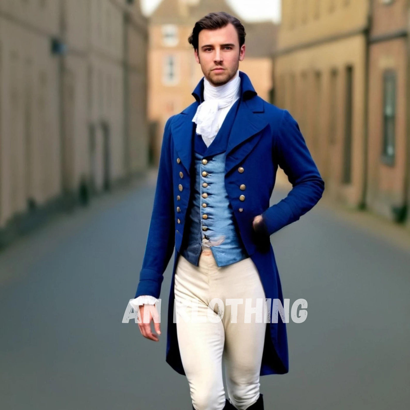Men's Royal Blue Regency Tail Coat with Double-Breasted Waistcoat, and Fitted Cream Breeches, Early 19th-Century Fashion, Men's Regency Suit