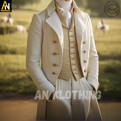 Exquisitely Handmade Mr. Darcy-Inspired Men's White Regency Military Coat – Authentic 1800s Style with Elegant Long Tails ,Custom Fitted