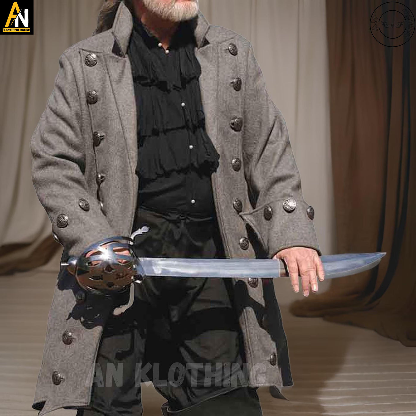 Pirates of Caribbean Pirates of Sea coat -Men's Gray Deluxe Pirate Jacket with Pockets Costume, Men's Pirate Long Coat