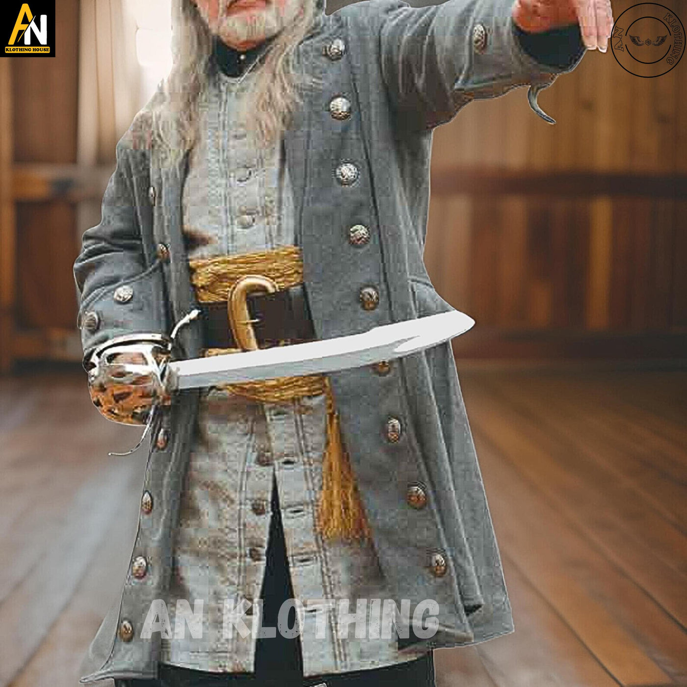 Pirates of Caribbean Pirates of Sea coat -Men's Gray Deluxe Pirate Jacket with Pockets Costume, Men's Pirate Long Coat