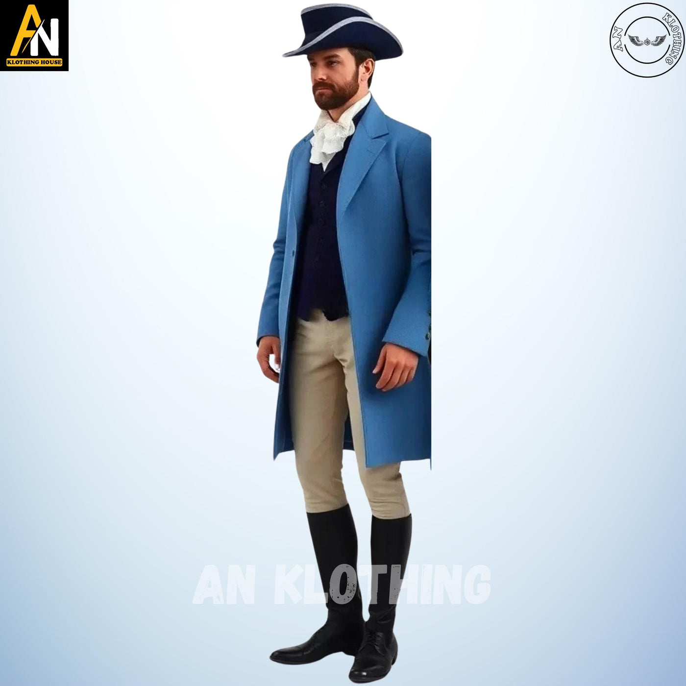 Handmade Men's Sky Blue Wool Regency Coat Complete Dress, 19th-Century Ensemble with Tailored Waistcoat, and Breeches, Men's Regency Coat