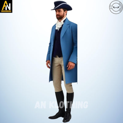 Handmade Men's Sky Blue Wool Regency Coat Complete Dress, 19th-Century Ensemble with Tailored Waistcoat, and Breeches, Men's Regency Coat