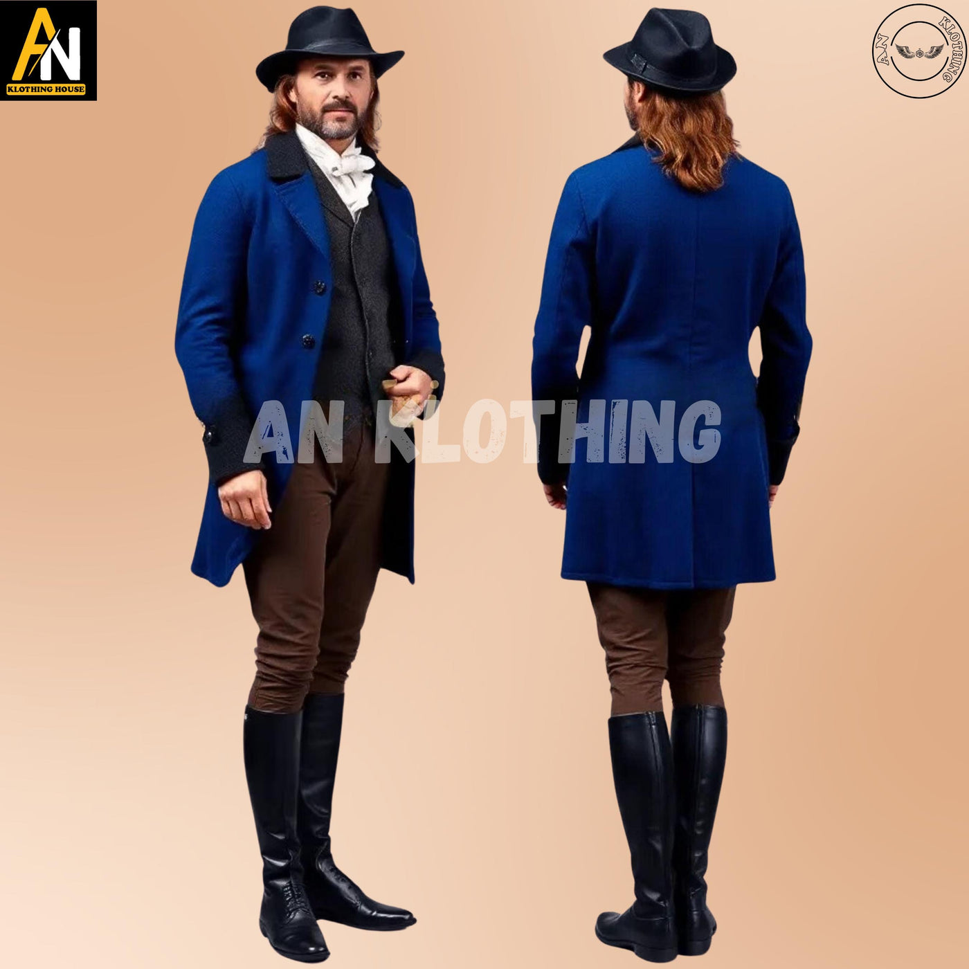 Men's Dark Blue Wool Regency Coat Complete Dress, 19th-Century Ensemble with Tailored Waistcoat, and Breeches, Men's Regency Handmade Coat