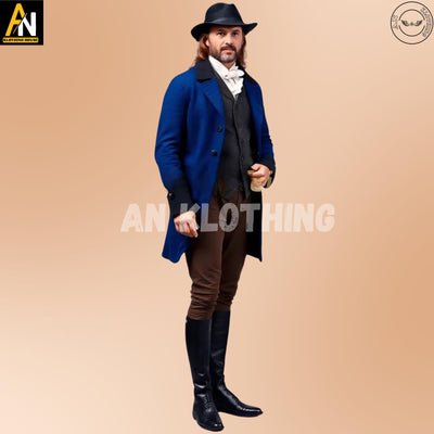 Men's Dark Blue Wool Regency Coat Complete Dress, 19th-Century Ensemble with Tailored Waistcoat, and Breeches, Men's Regency Handmade Coat