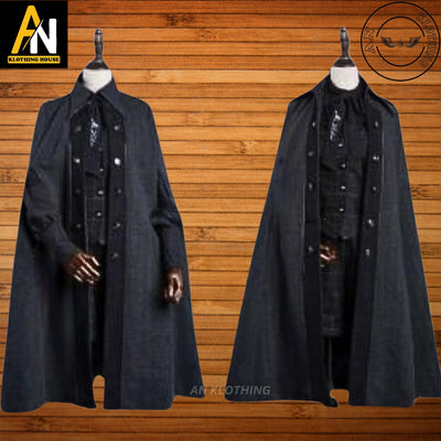 New Men's Black Replica Military Cape-Griffin School Women Long Cloak - Custom Tailored Wool Coat - Officers Jacket - Long Coat