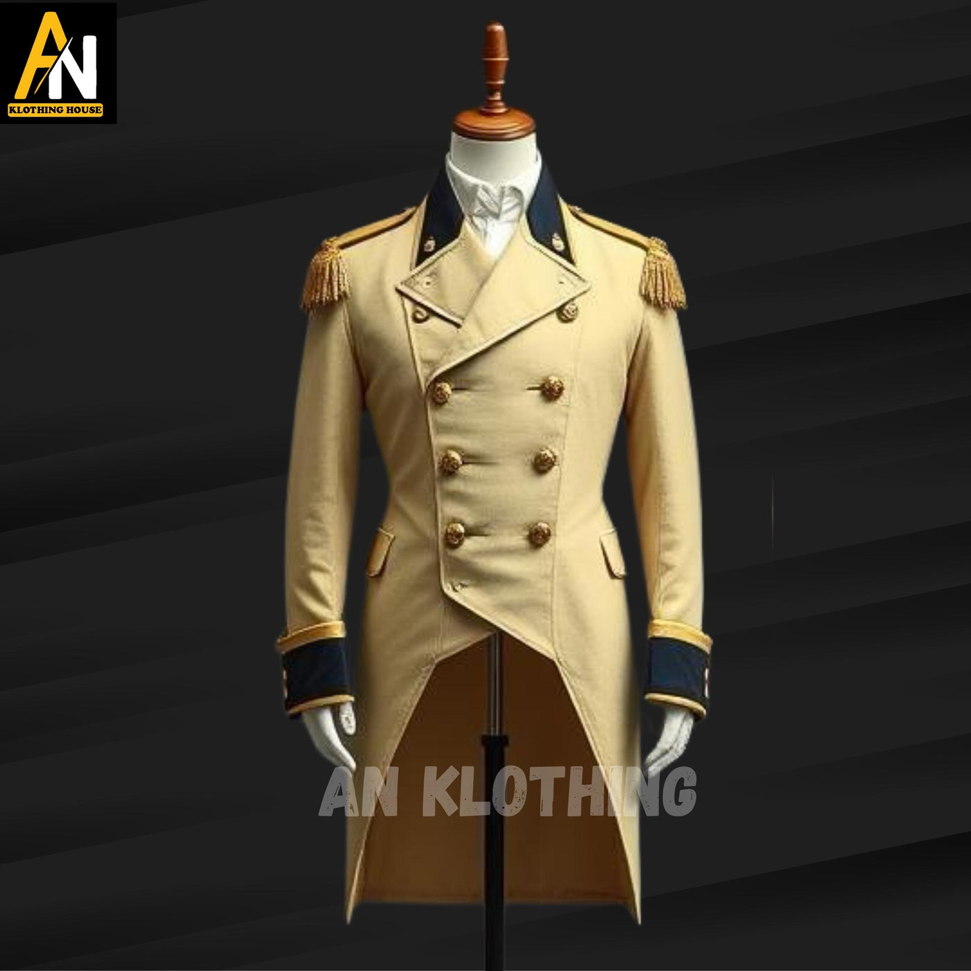 Classic Beige Regency Military Tailcoat with Navy Trim and Gold Epaulettes - Elegant 18th Century Jacket - Regency-Inspired Military Jacket