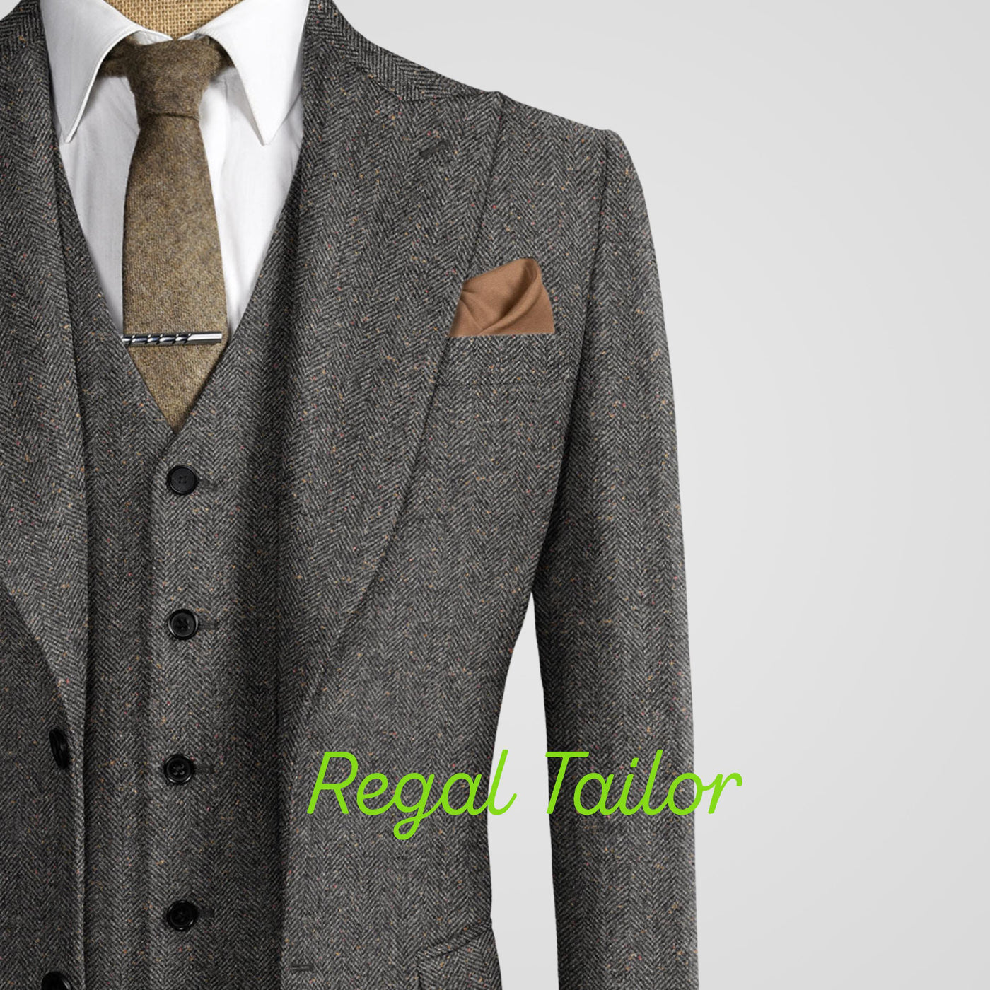 Men's 3-Piece Tweed Suit with Long Coat - Peaky Blinders Style - Tweed Herringbone - Tom Shelby Inspired - Tailor-Made - High-Quality Coat