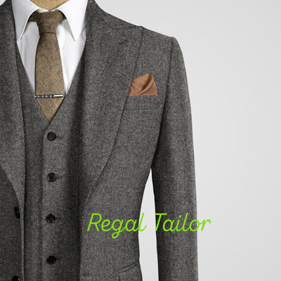 Men's 3-Piece Tweed Suit with Long Coat - Peaky Blinders Style - Tweed Herringbone - Tom Shelby Inspired - Tailor-Made - High-Quality Coat