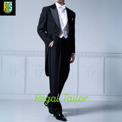 Exquisitely Handmade Men's Black Regency Tailcoat – Authentic 1800s Style with Elegant Long Tails - Custom Fitted - Black Wool Coat