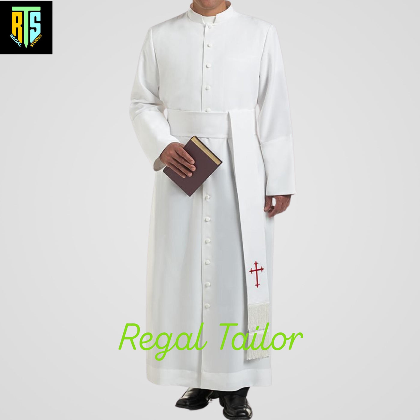 White Cassock with Red Cross | Priest Liturgical Robe | Clergy Vestment for Mass | Tailored Religious Cassock for Ceremonies