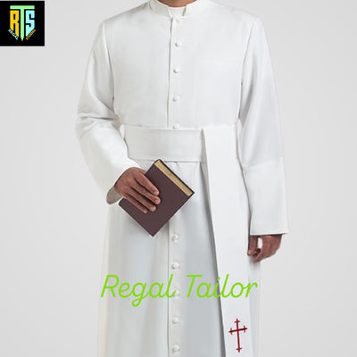 White Cassock with Red Cross | Priest Liturgical Robe | Clergy Vestment for Mass | Tailored Religious Cassock for Ceremonies