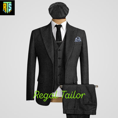 Men's 3-Piece Black Tweed Suit with Long Coat - Peaky Blinders Style - Tweed Herringbone - Tom Shelby Inspired - Custom Made 3 Piece Suit