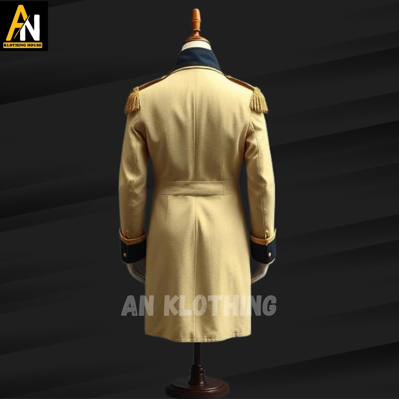Classic Beige Regency Military Tailcoat with Navy Trim and Gold Epaulettes - Elegant 18th Century Jacket - Regency-Inspired Military Jacket