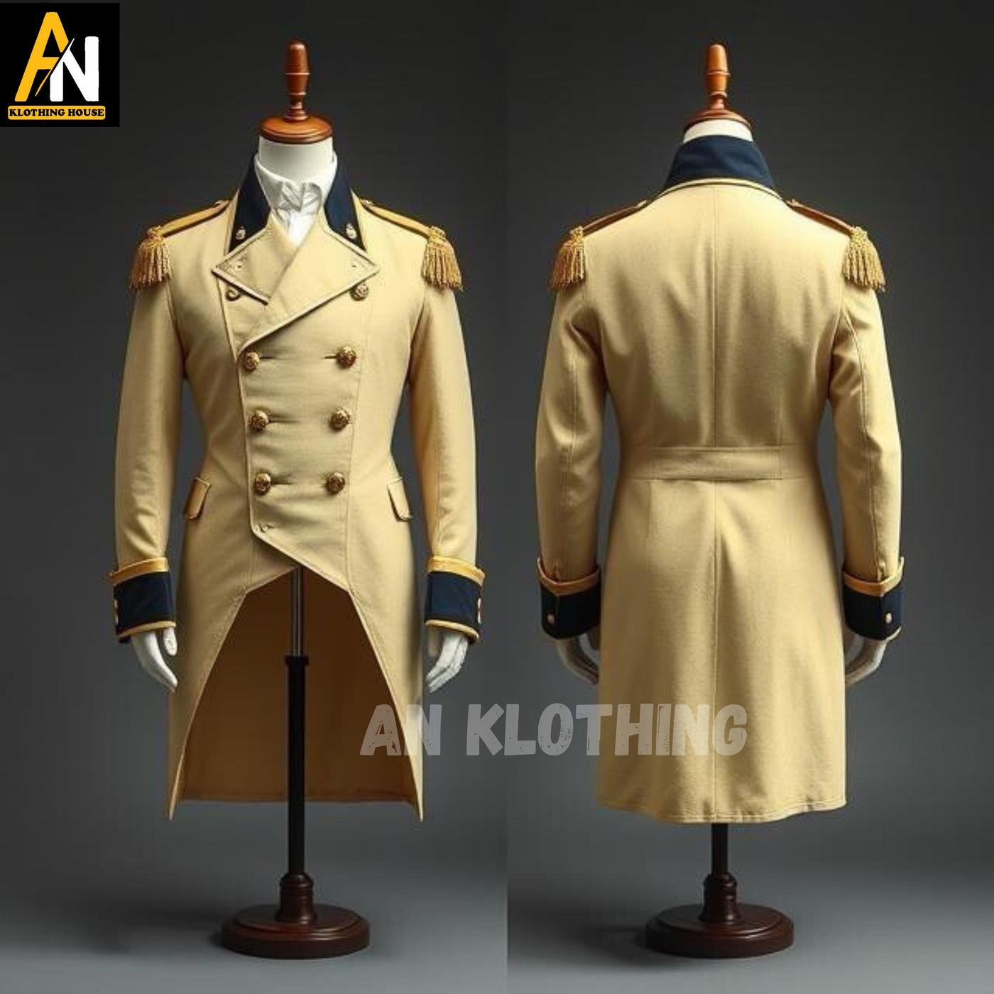 Classic Beige Regency Military Tailcoat with Navy Trim and Gold Epaulettes - Elegant 18th Century Jacket - Regency-Inspired Military Jacket
