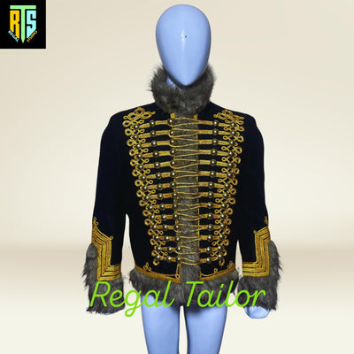 Gold Embroidered Hussar Jacket with Fur Trim and Braided Detailing - Men's Napoleonic Hussar Jacket - Military Uniform