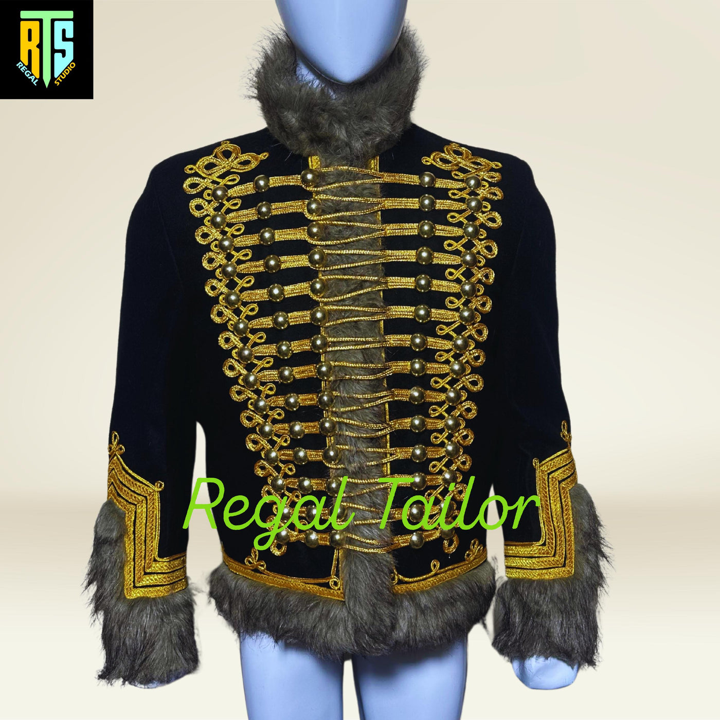 Gold Embroidered Hussar Jacket with Fur Trim and Braided Detailing - Men's Napoleonic Hussar Jacket - Military Uniform