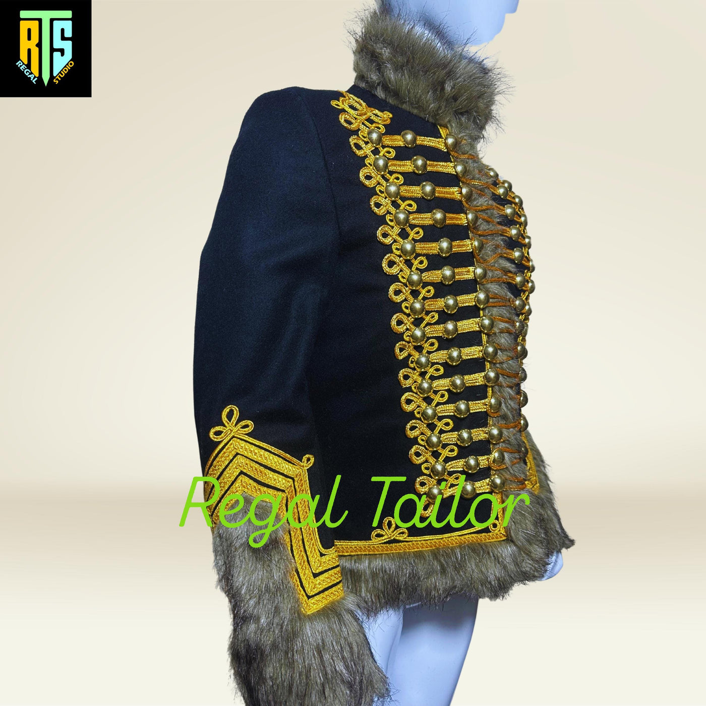 Gold Embroidered Hussar Jacket with Fur Trim and Braided Detailing - Men's Napoleonic Hussar Jacket - Military Uniform