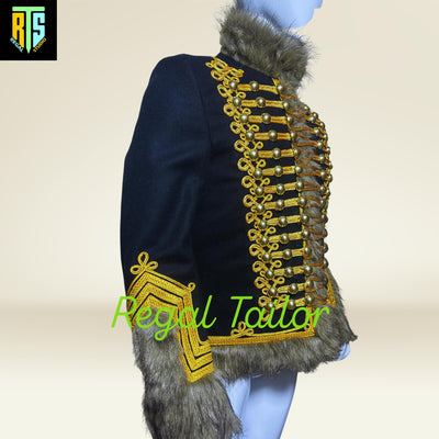 Gold Embroidered Hussar Jacket with Fur Trim and Braided Detailing - Men's Napoleonic Hussar Jacket - Military Uniform