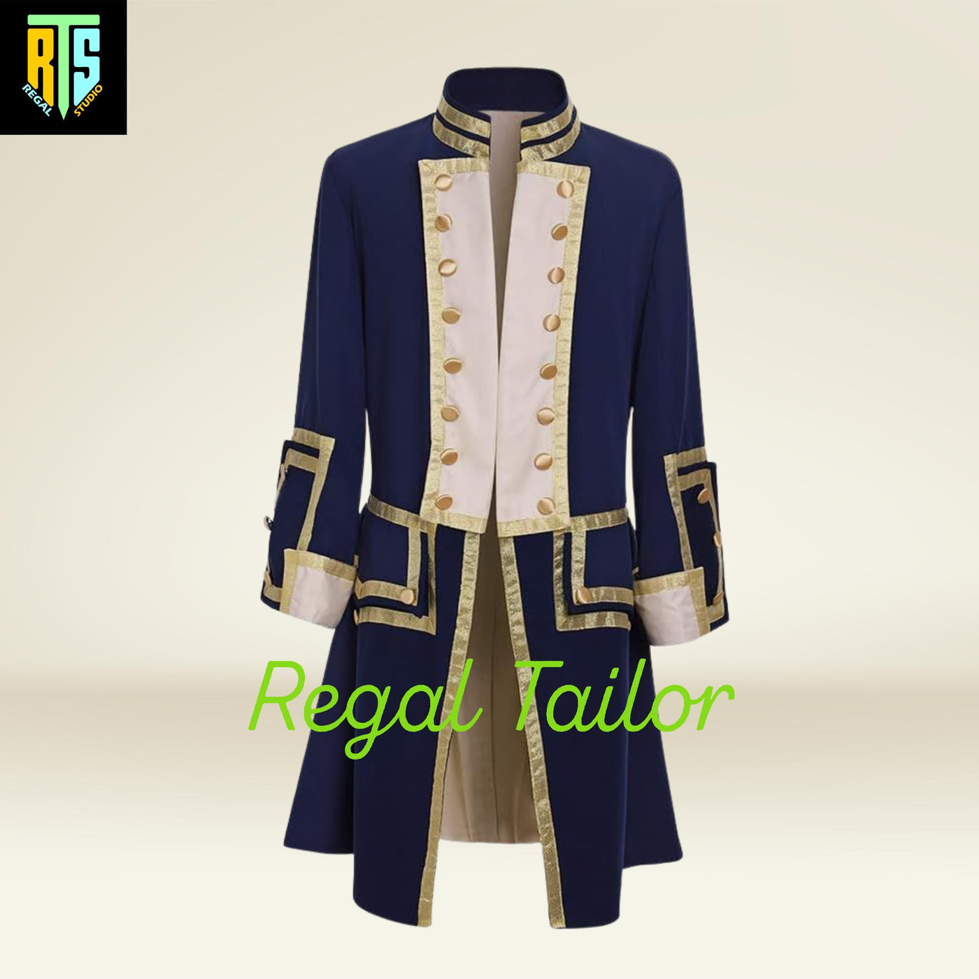 Royal Navy-Inspired Regency Tailcoat – Elegant Blue & Gold Historical Jacket - Regency Era Jacket with Golden Lining - Historical Wears