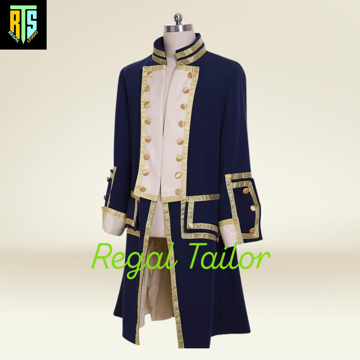 Royal Navy-Inspired Regency Tailcoat – Elegant Blue & Gold Historical Jacket - Regency Era Jacket with Golden Lining - Historical Wears