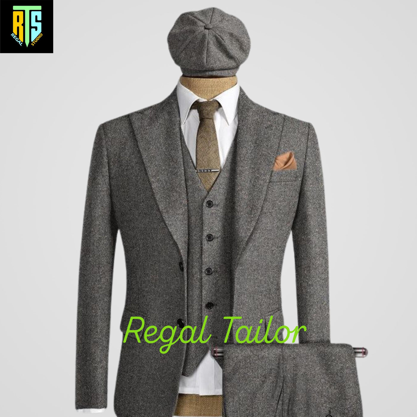 Men's 3-Piece Tweed Suit with Long Coat - Peaky Blinders Style - Tweed Herringbone - Tom Shelby Inspired - Tailor-Made - High-Quality Coat