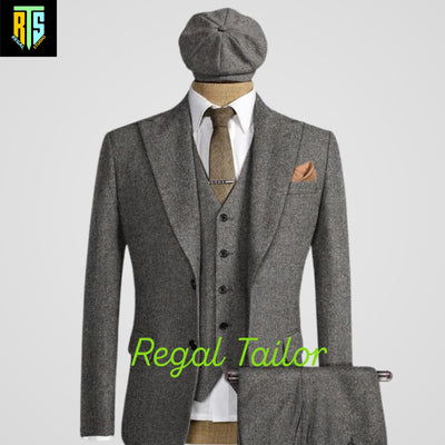 Men's 3-Piece Tweed Suit with Long Coat - Peaky Blinders Style - Tweed Herringbone - Tom Shelby Inspired - Tailor-Made - High-Quality Coat