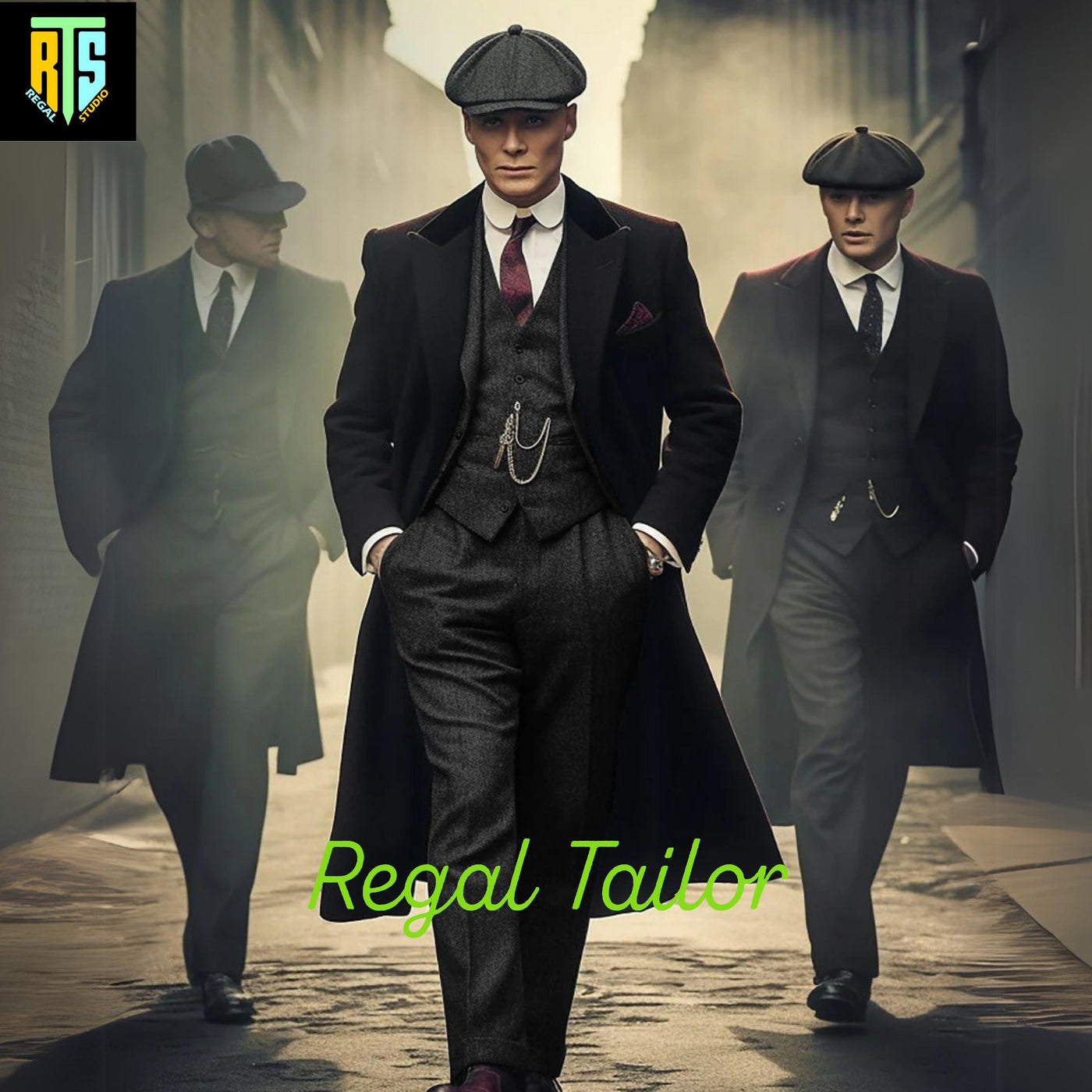 Men's 3-Piece Black Tweed Suit with Long Coat - Peaky Blinders Style - Tweed Herringbone - Tom Shelby Inspired - Custom Made 3 Piece Suit