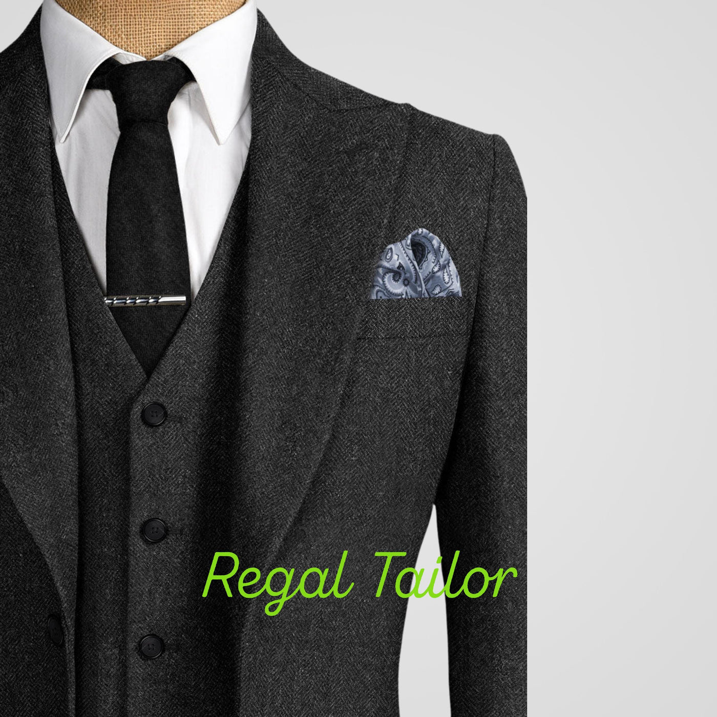 Men's 3-Piece Black Tweed Suit with Long Coat - Peaky Blinders Style - Tweed Herringbone - Tom Shelby Inspired - Custom Made 3 Piece Suit