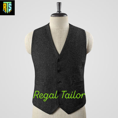 Men's 3-Piece Black Tweed Suit with Long Coat - Peaky Blinders Style - Tweed Herringbone - Tom Shelby Inspired - Custom Made 3 Piece Suit