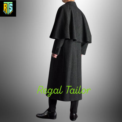 Black Inverness Cape Coat – A Custom Made Wool Overcoat With A Classic Cape Design - Elegant Coachmen's Coat - Regency Garrick Overcoat