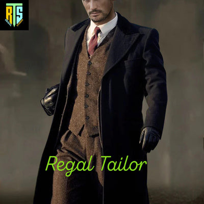 Men's 3-Piece Brown Tweed Suit with Long Coat - Peaky Blinders Style - Tweed Herringbone - Tom Shelby Inspired - Custom Made 3 Piece Suit