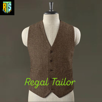 Men's 3-Piece Brown Tweed Suit with Long Coat - Peaky Blinders Style - Tweed Herringbone - Tom Shelby Inspired - Custom Made 3 Piece Suit