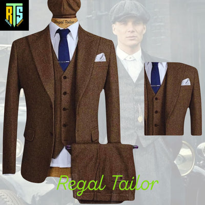 Men's 3-Piece Brown Tweed Suit with Long Coat - Peaky Blinders Style - Tweed Herringbone - Tom Shelby Inspired - Custom Made 3 Piece Suit